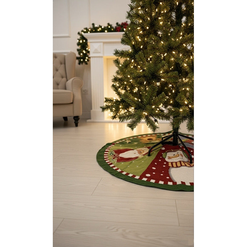 Kit Navideño: Camino De Mesa, Pie De Árbol, Fundas Y Tapete Verde Musgo Amigos De Santa