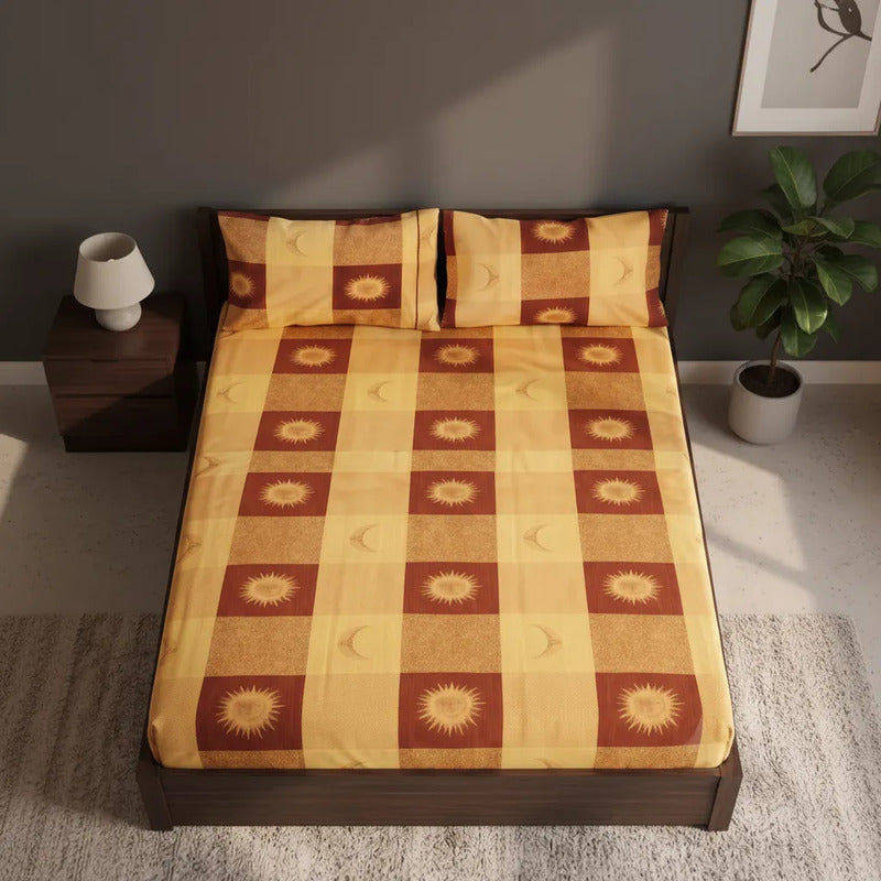 Sábana De Cajón Matrimonial +2 Fundas De Almohada Algodón Dorado Oscuro Sol Y Luna Cafe