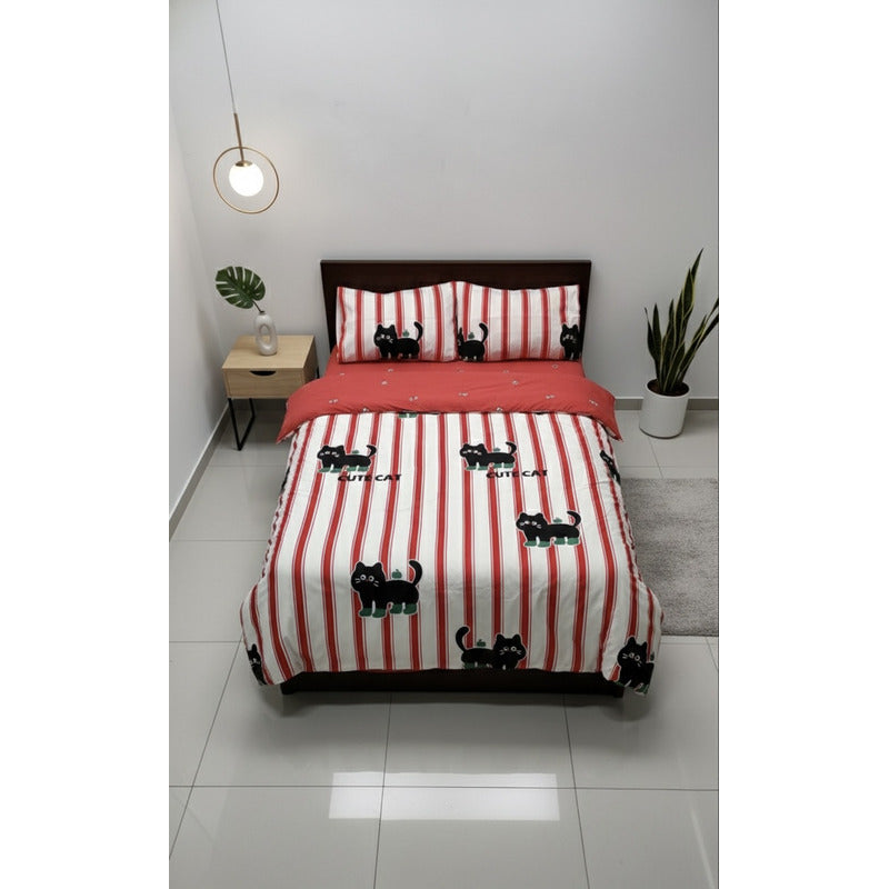 Edredón Premium Duvet Dos Vistas Matri Con Relleno Incluido Rojo Gato Patitas Rayas Algodón Alta Densidad