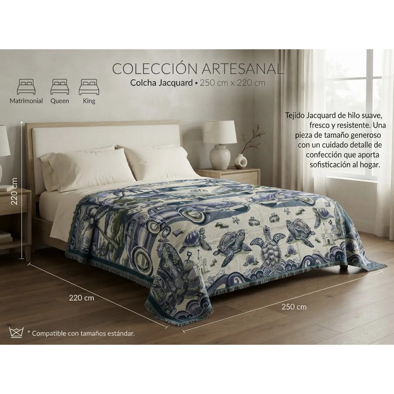 Colcha De Hilo Jacquard Leonora Premium Matrimonial Amplia Azul Acero Ban Azul/turquesa