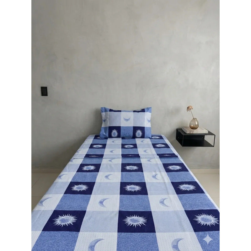 Juego De Sábana Mariol Individual 100% Algodón Premium Azul Acero Sol Y Luna Azul