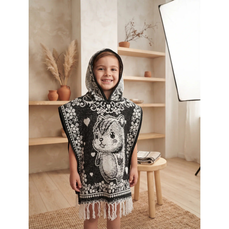 Jorongo Poncho Gaban Afelpado Infantil Artesanal Con Capucha Negro Capibara 60x50