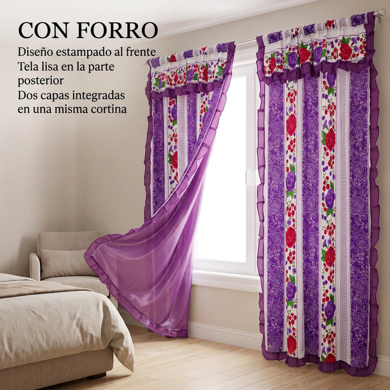 Cortinas Estampadas Para Ventana Con Forro Interior 2.9x2m Violeta
