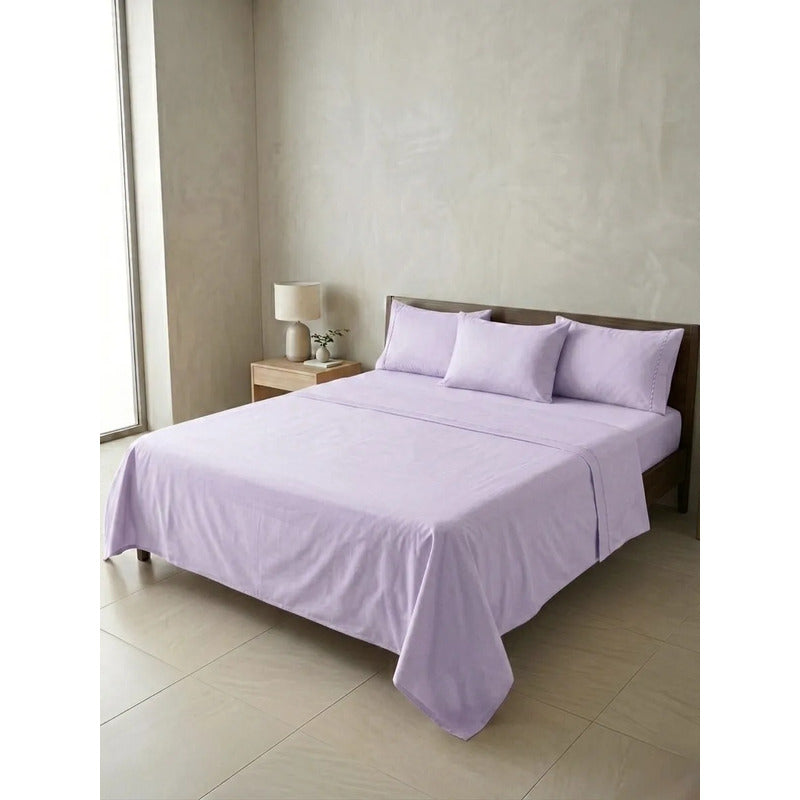 Juego De Sabanas King Size Leonora Percal Algodón 144h Lisas Lavanda Lila Liso