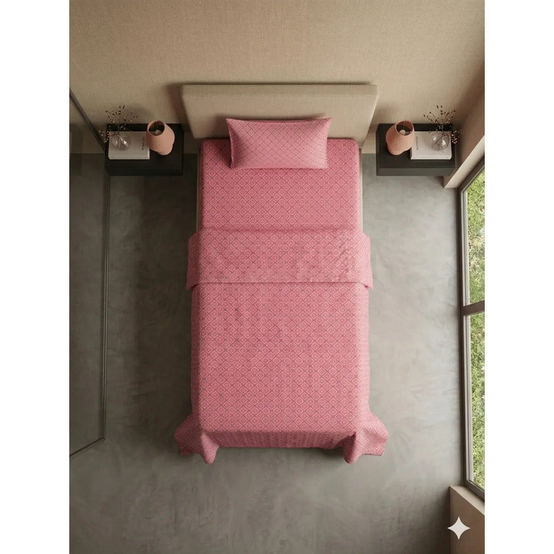 Juego De Sábana Mariol Individual 100% Algodón Premium Rosa Cuadro Espiral Rosa