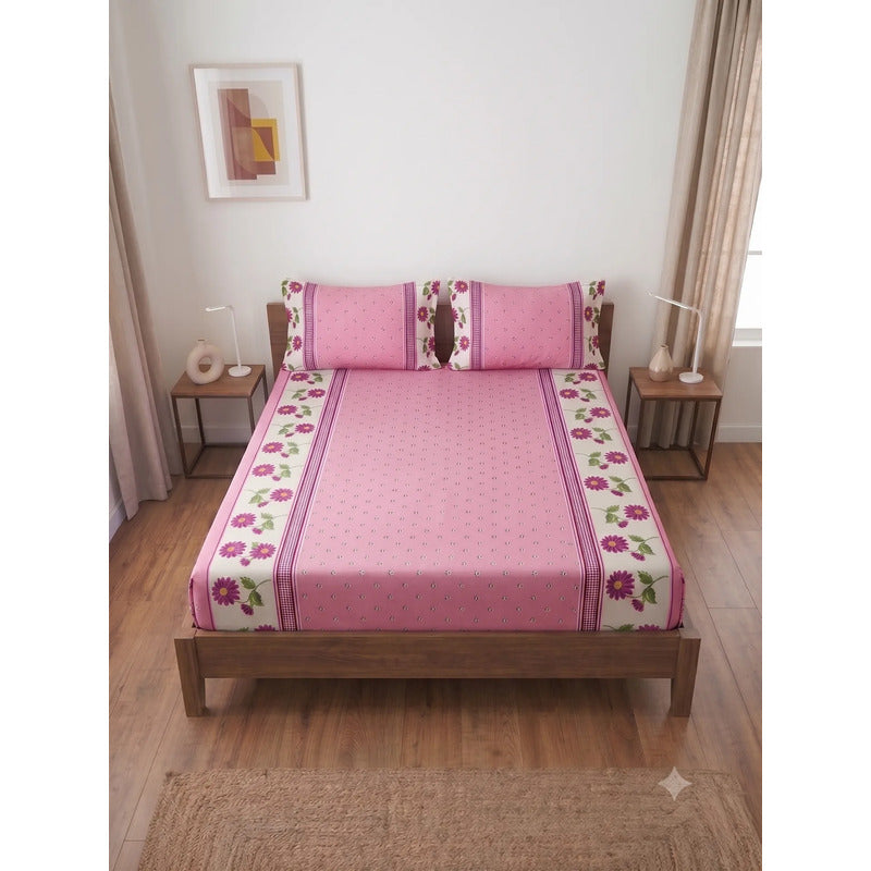 Sábana De Cajón Matrimonial +2 Fundas De Almohada Algodón Rosa Mini Flor Rosa