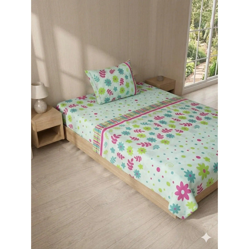 Juego De Sábana Mariol Individual 100% Algodón Premium Turquesa Florecitas Turquesa