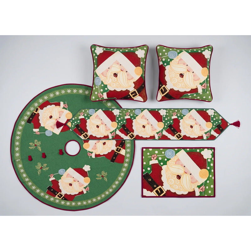 Kit Navideño: Camino De Mesa, Pie De Árbol, Fundas Y Tapete Verde