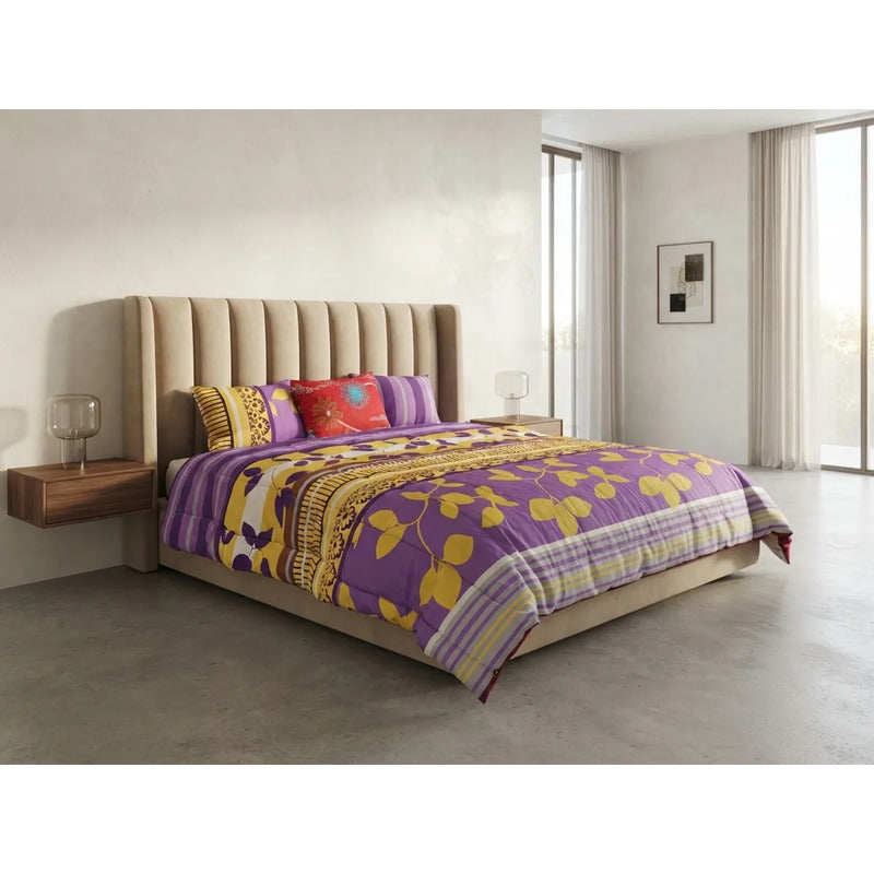 Edredon King Size Doble Vista +3 Cojines Decorativos Algodón Rosa/lina Floreado