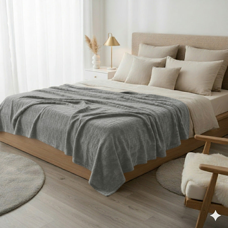 Frazada Térmica Leonora Matrimonial Extra Suave-grabada Cuadros Gris Gris