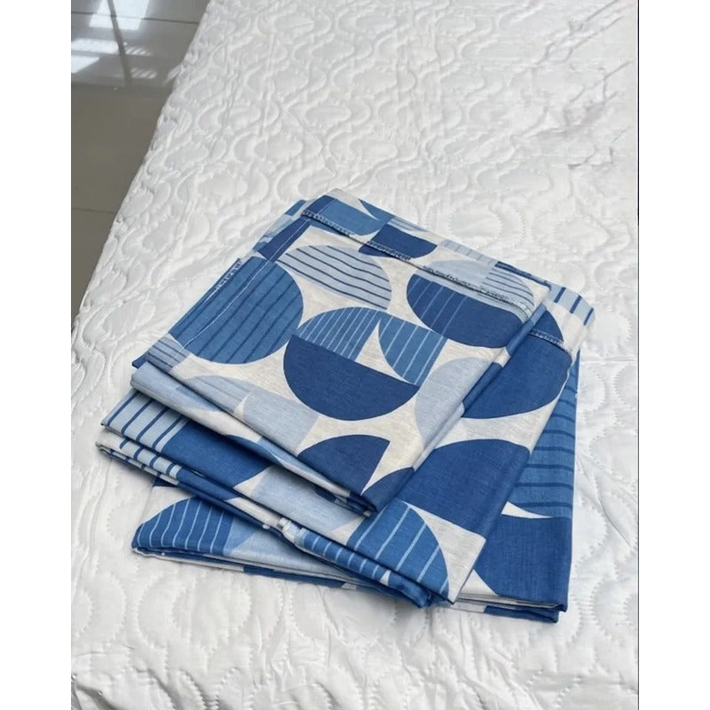Juego De Sabana Matrimonial 100% Algodón Suaves Y Frescas Azul Circular Azul
