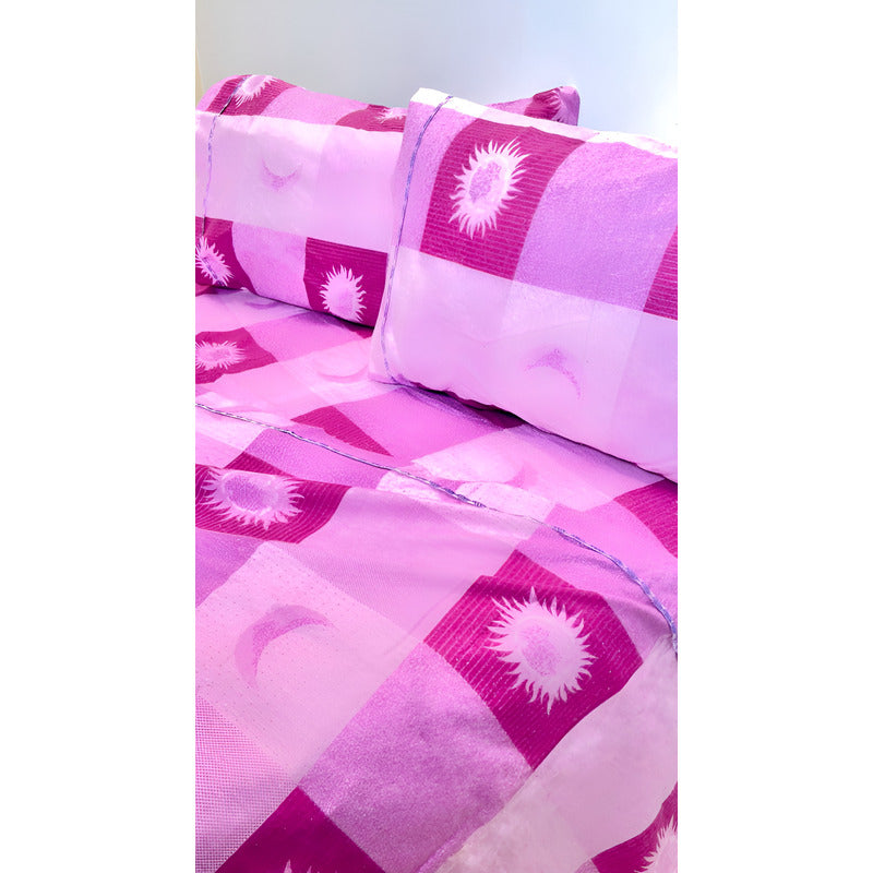 Juego De Sabanas Franela Mariol 100% Algodón Matrimonial Fucsia Rosa Soles Y Lunas