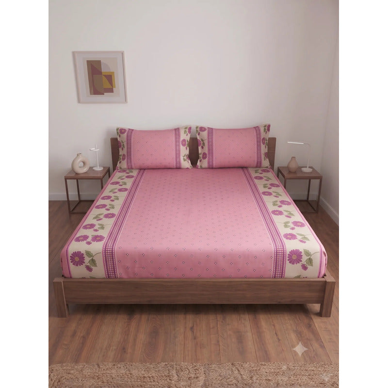 Sábana De Cajón Matrimonial +2 Fundas De Almohada Algodón Rosa Mini Flor Rosa