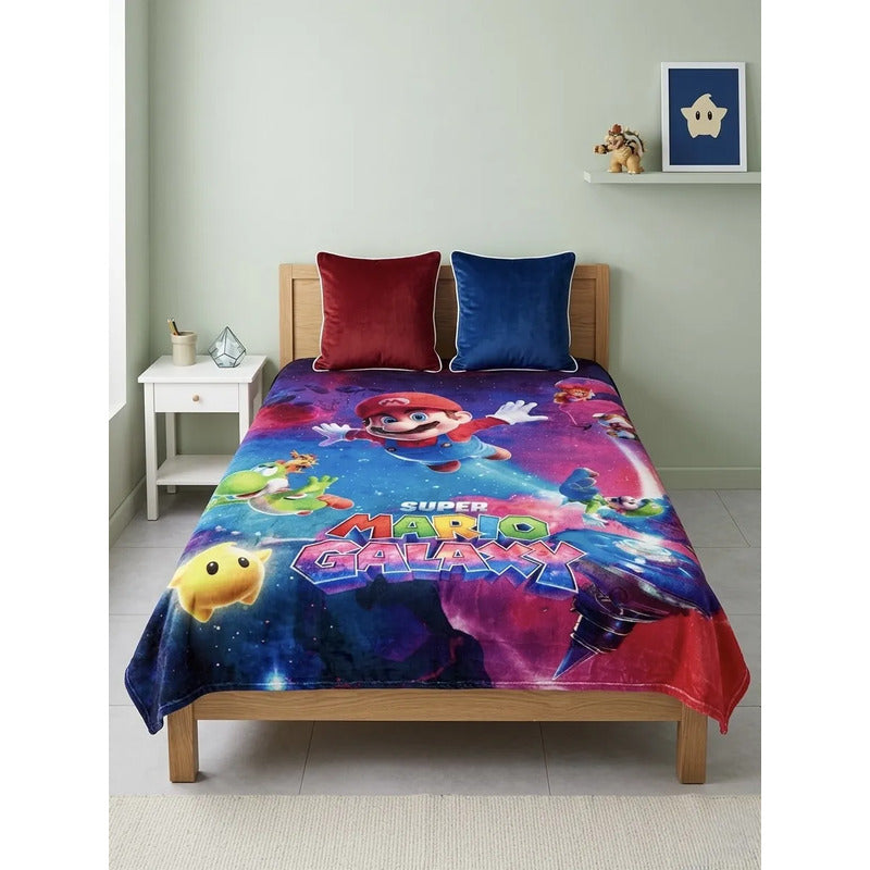 Frazada Matrimonial Providencia Mario Bros Galaxia Srp Suave Mario En El Aire Azul Oscuro