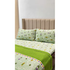Juego De Sábanas Matrimonial Leonora Franela Planchada 2mts Verde Claro Hojas Verdes