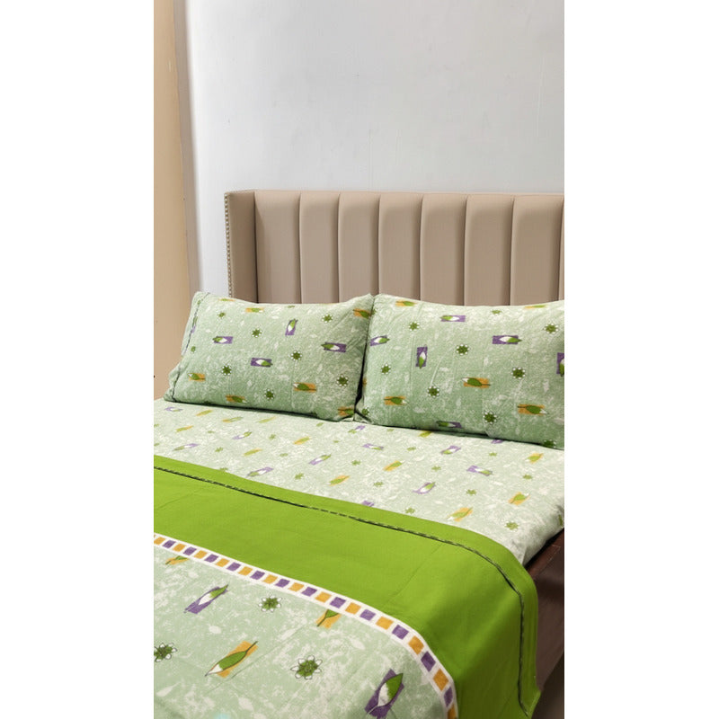 Juego De Sábanas Matrimonial Leonora Franela Planchada 2mts Verde Claro Hojas Verdes
