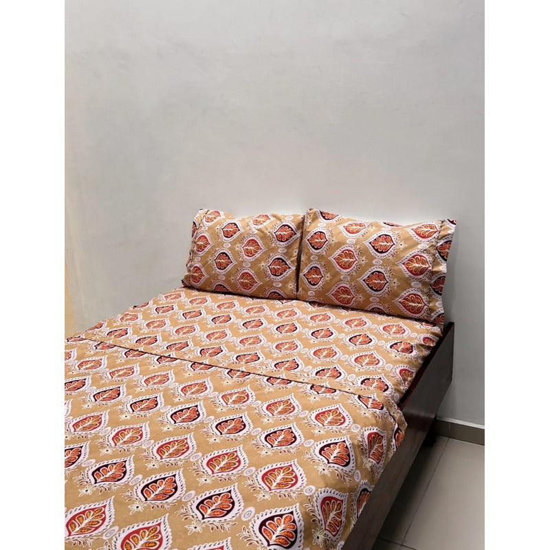 Juego De Sabana Matrimonial Leonora Tacto Suave Y Fresco Coral Claro Hojas Otoñal
