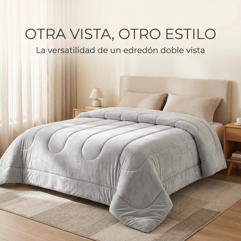 Edredón Matrimonial Acolchado Doble Vista Textura Térmica Gris Piel De Conejo