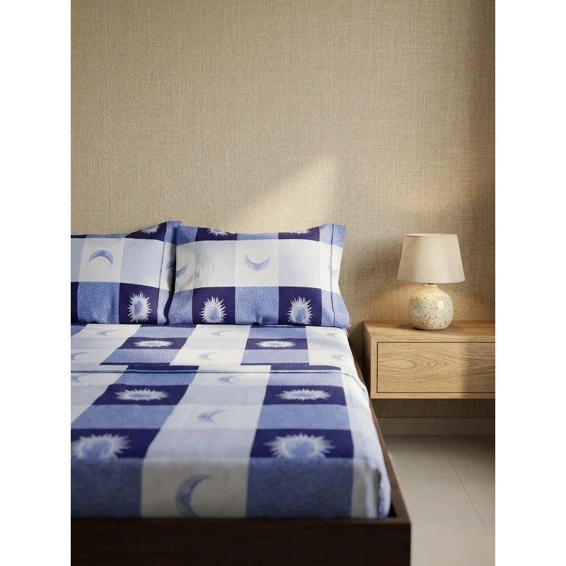 Juego De Sabana Matrimonial 100% Algodón Suaves Y Frescas Azul Soles Y Lunas Azul