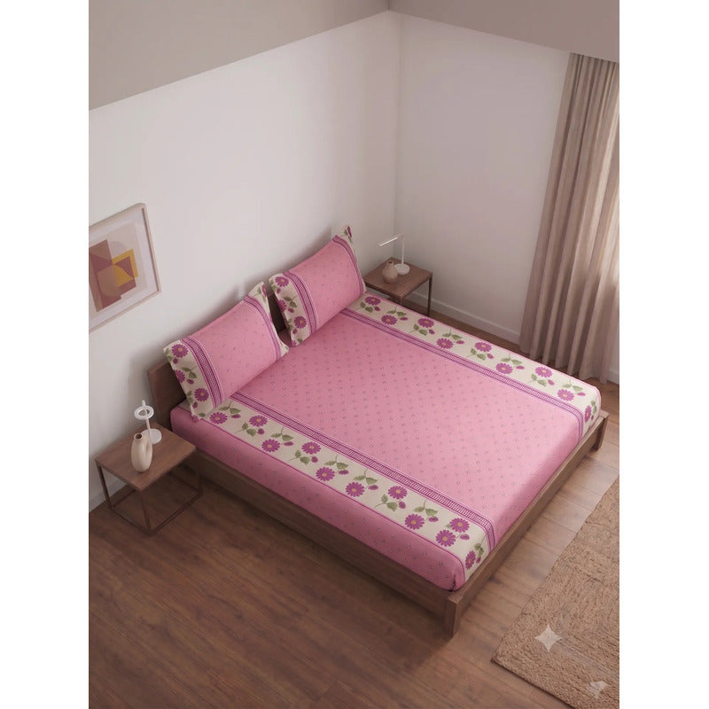 Sábana De Cajón Matrimonial +2 Fundas De Almohada Algodón Rosa Mini Flor Rosa