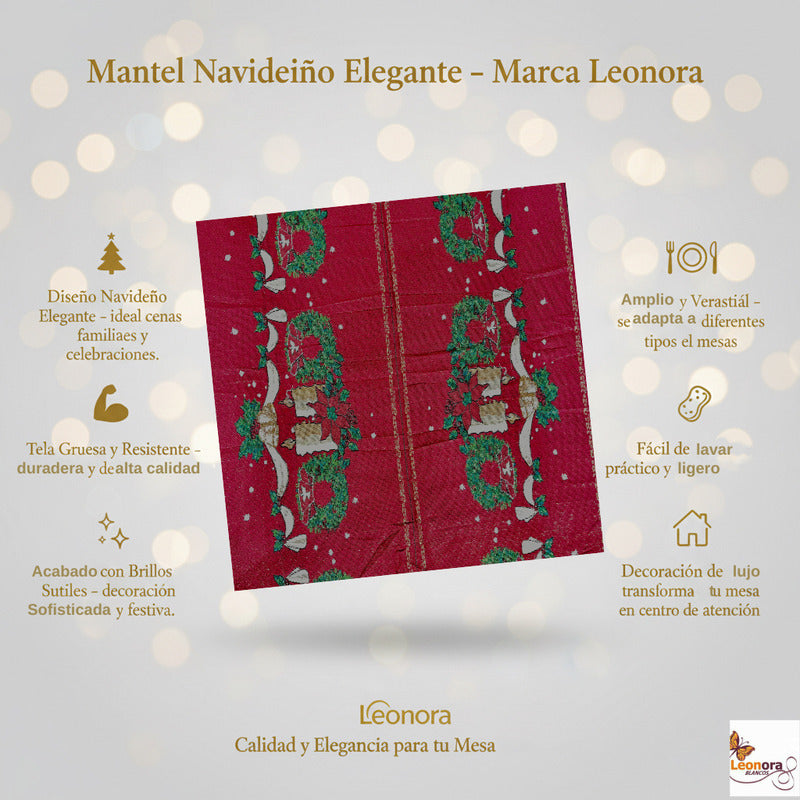 Mantel Navideño Leonora Rectangular 150x250 De Alta Calidad. Bordó Velitas Navideñas