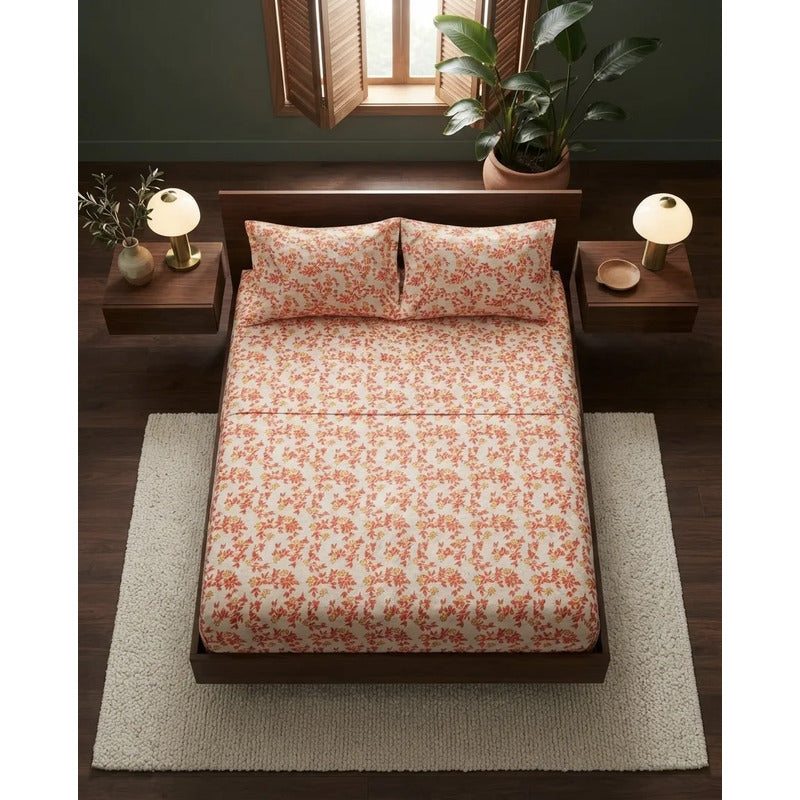 Juego De Sabana Matrimonial 100% Algodón Suaves Y Frescas Naranja Floresta Naranja