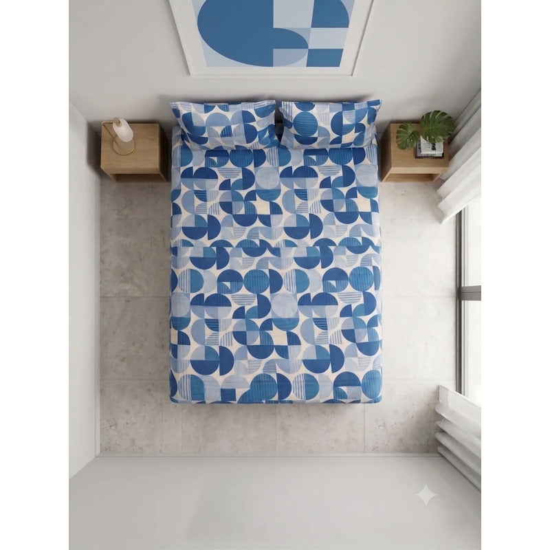 Sábana De Cajón Matrimonial +2 Fundas De Almohada Algodón Azul Acero Circular Azul