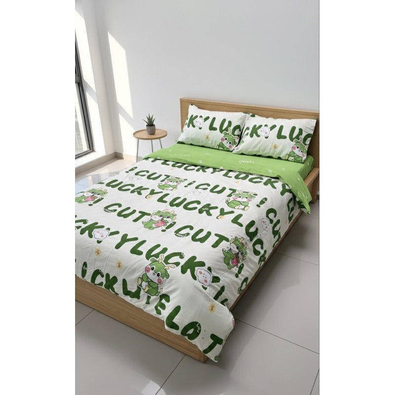 Edredón Premium Duvet Dos Vistas Matri Con Relleno Incluido Verde Corazón Monstruito Lucky Algodón Alta Densidad