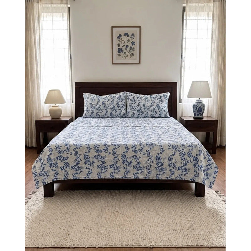 Juego De Sabanas Franela Mariol 100% Algodón Matrimonial Azul Claro Floresta Azul