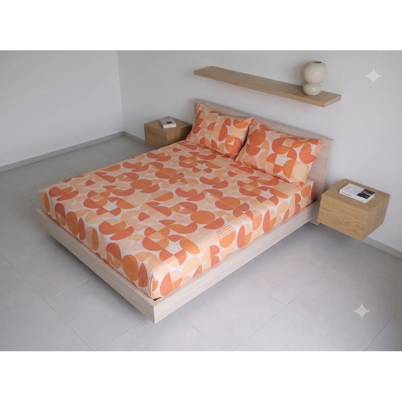 Sábana De Cajón Matrimonial +2 Fundas De Almohada Algodón Naranja Circular Naranja