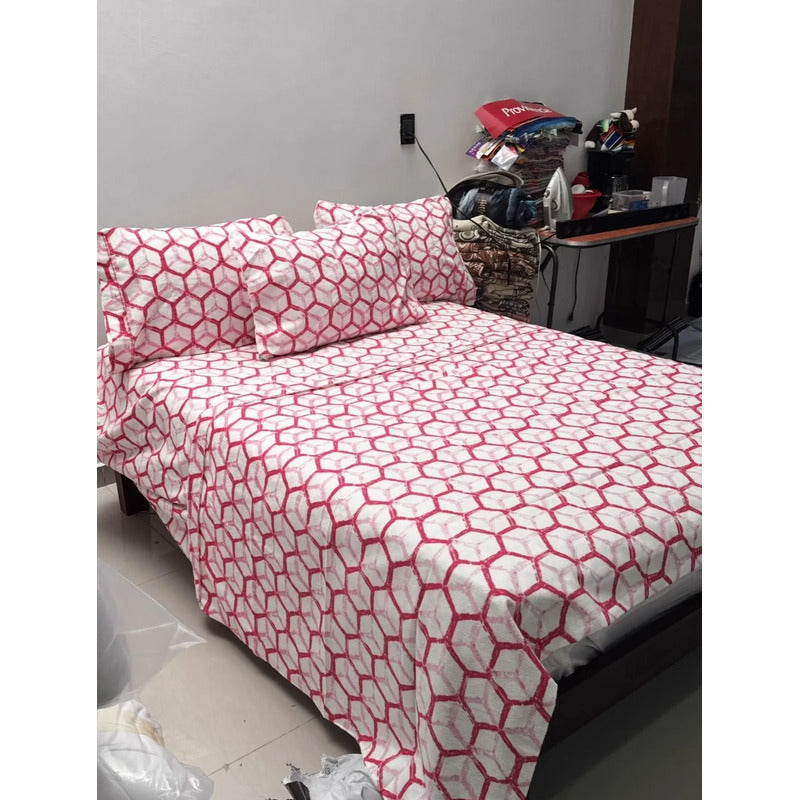Juego De Sabanas Franela Mariol 100% Algodón King Size Rosa Rombo Rosa