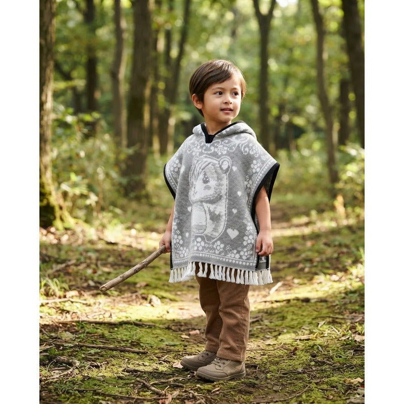 Jorongo Poncho Gaban Afelpado Infantil Artesanal Con Capucha Gris Capibara 60x50