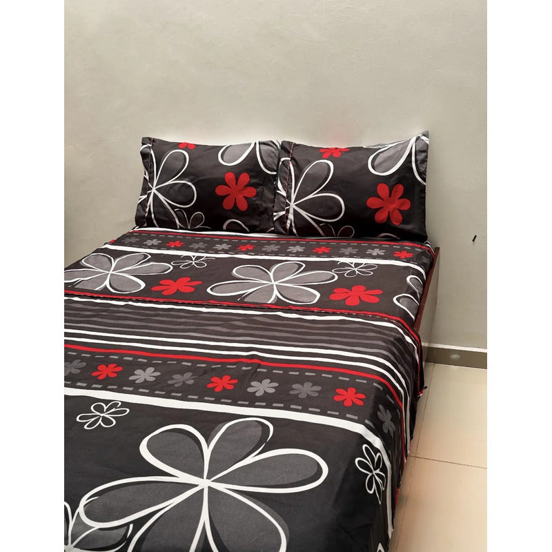 Juego De Sabana Matrimonial Leonora Tacto Suave Y Fresco Negro Flor Roja/negra