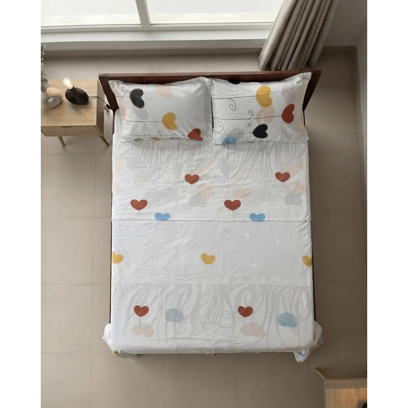 Juego De Sabana Matrimonial Leonora Tacto Suave Y Fresco Blanco Corazones Pop