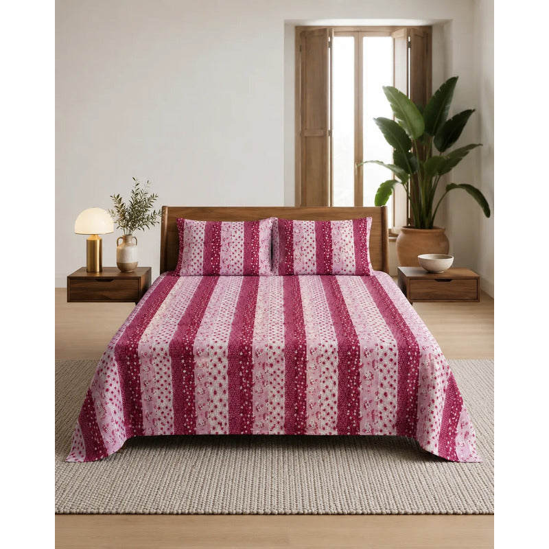 Juego De Sabanas Franela Mariol 100% Algodón Matrimonial Rosa Chicle Franja Silvestre