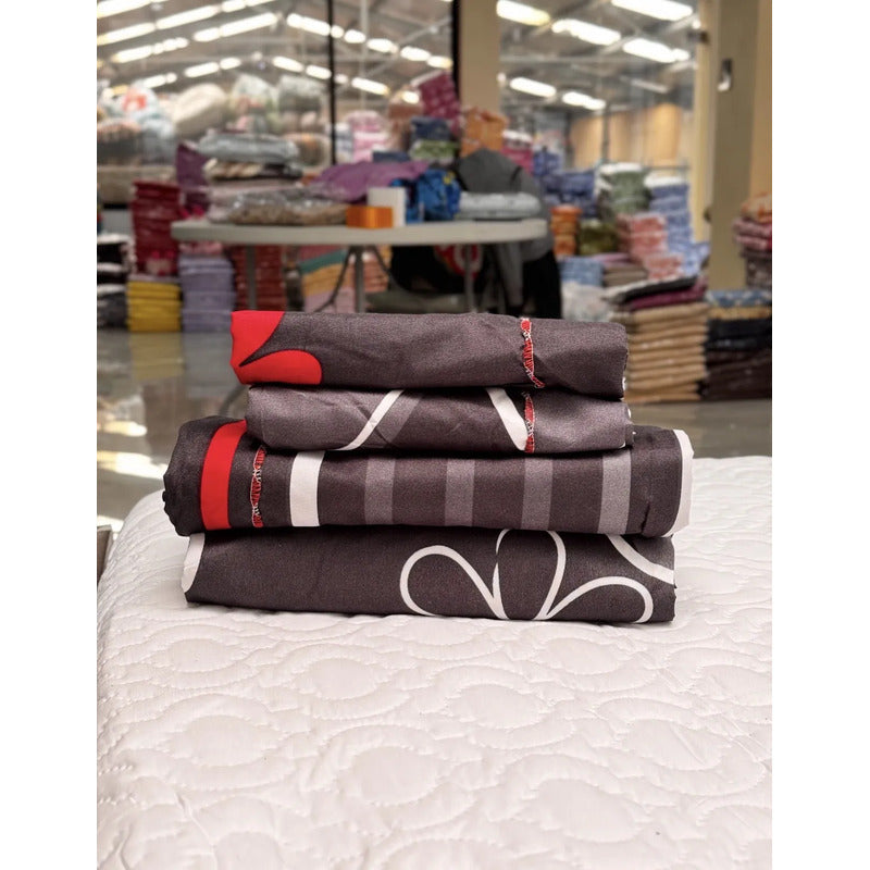 Juego De Sabana Matrimonial Leonora Tacto Suave Y Fresco Negro Flor Roja/negra