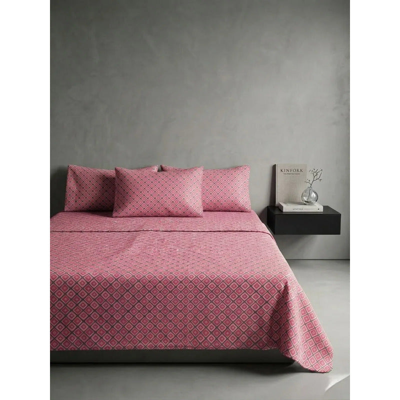 Sábana King  Bramante Cajón Amplio 100% Algodón Super Suave Rosa Chicle Cuadro Espiral Rosa