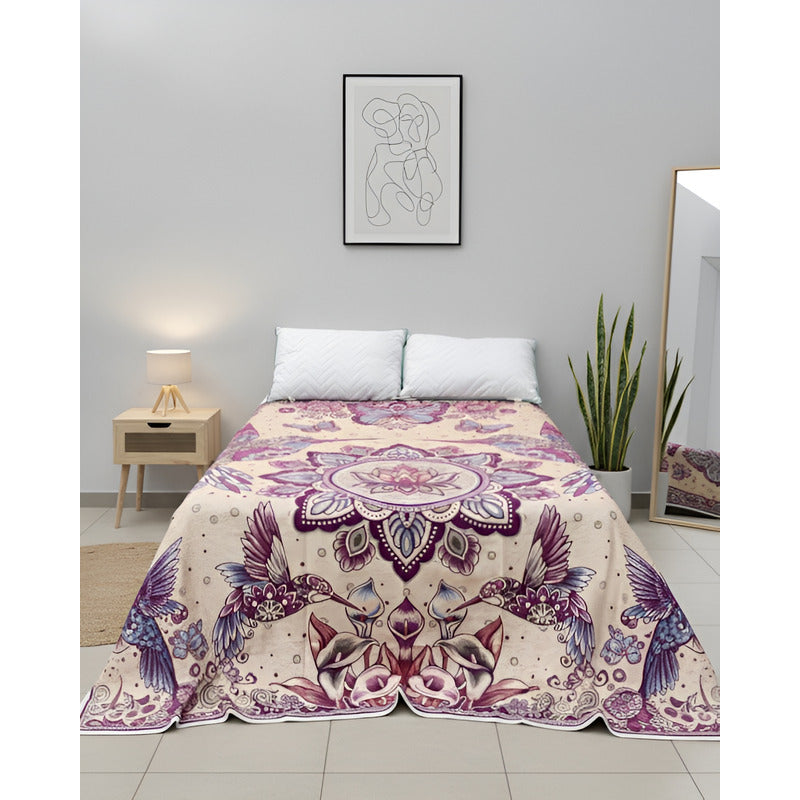 Colcha De Hilo Jacquard Leonora Premium Matrimonial Amplia Violeta Oscuro Colibrís Morado