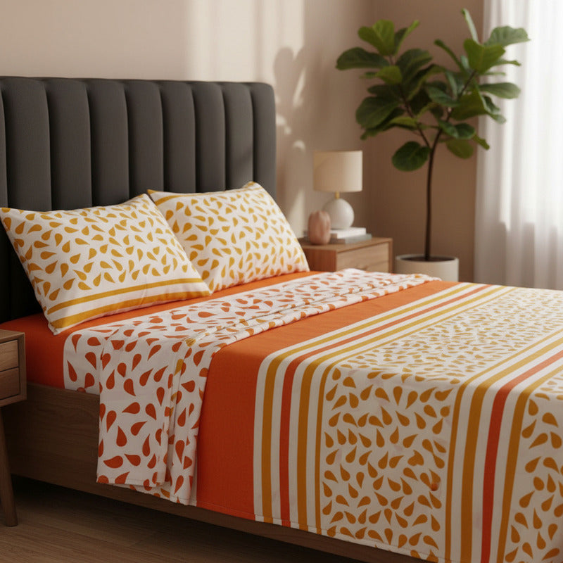 Sabana Hotelera Fátima 150 Hilos Matrimonial -- Cajón Amplio Naranja Naranja En Flor