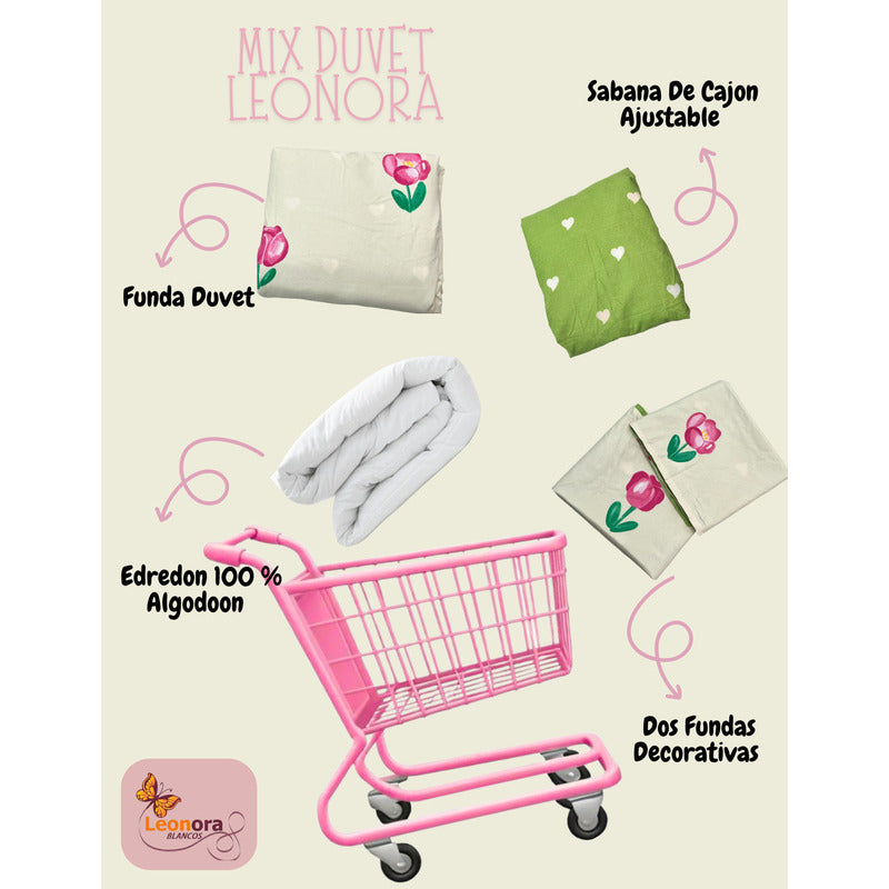 Edredón Premium Duvet Dos Vistas Matri Con Relleno Incluido Verde Corazón Tulipanes Rosa Algodón Alta Densidad