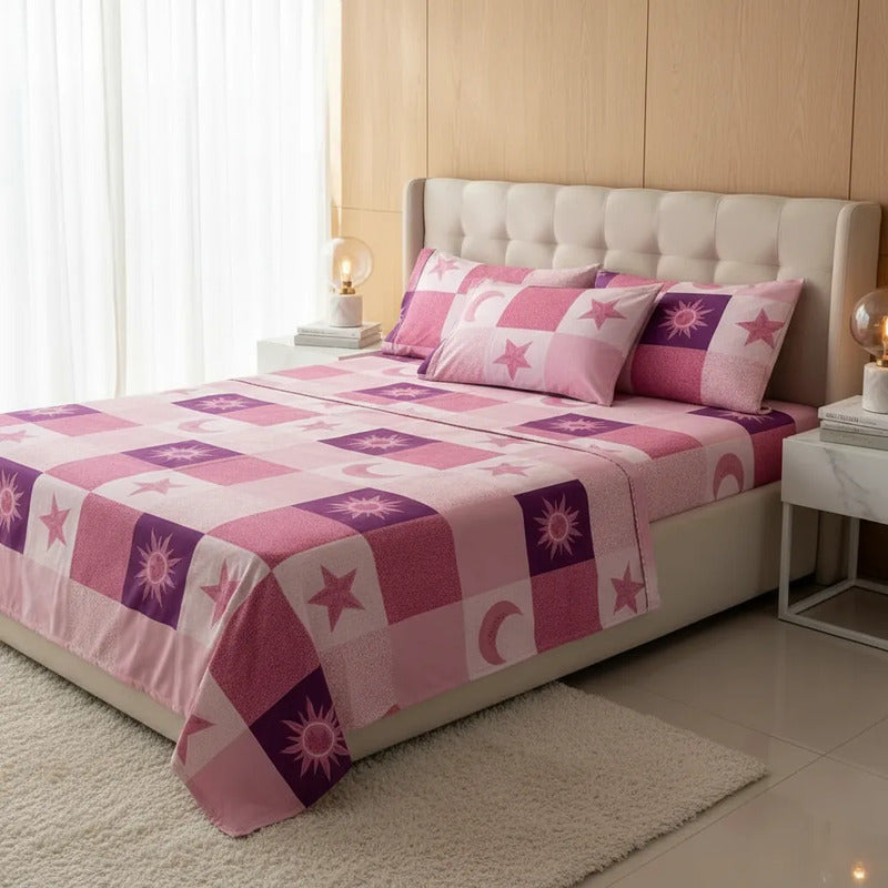 Sábana King  Bramante Cajón Amplio 100% Algodón Super Suave Rosa Soles Y Estrellas