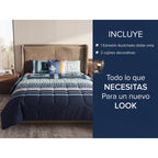 Edredon King Size Doble Vista +3 Cojines Decorativos Algodón Azul Laberinto Floreado