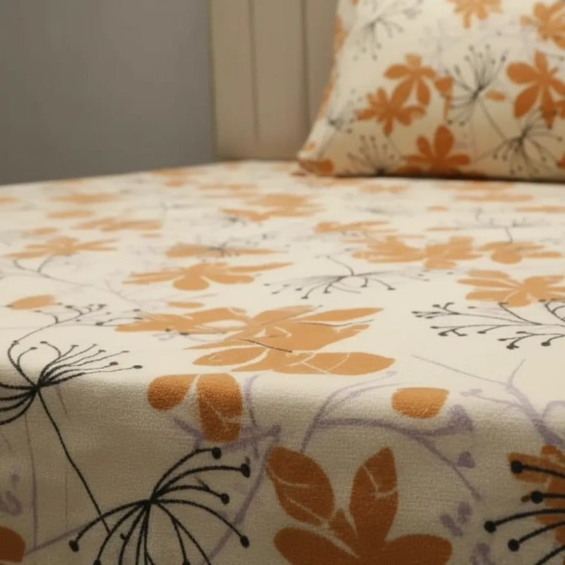 Juego De Sabanas Franela Mariol 100% Algodón Individual Naranja Floreado Naranja