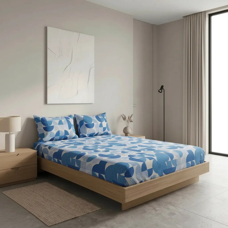 Sábana De Cajón Matrimonial +2 Fundas De Almohada Algodón Azul Acero Circular Azul