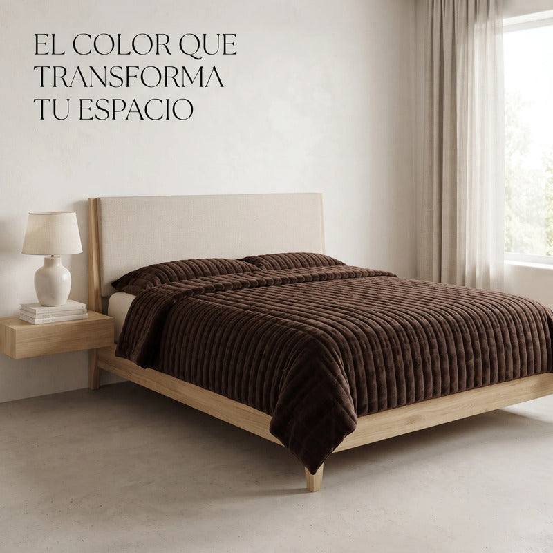 Edredón Matrimonial Acolchado Doble Vista Textura Térmica Marrón Obscuro Piel De Conejo