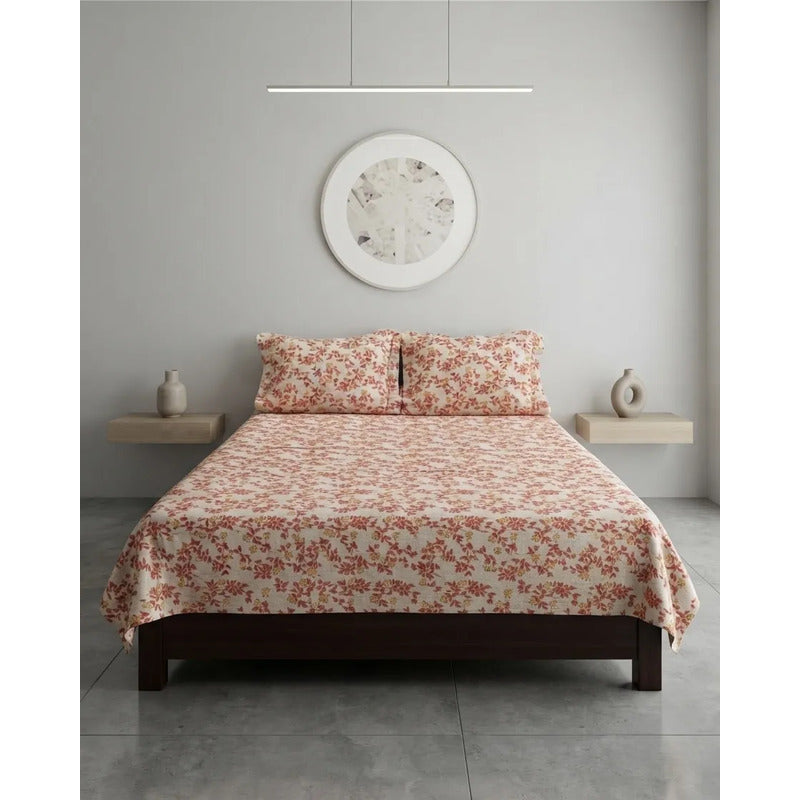Juego De Sabanas Franela Mariol 100% Algodón Matrimonial Coral Claro Floresta Naranja