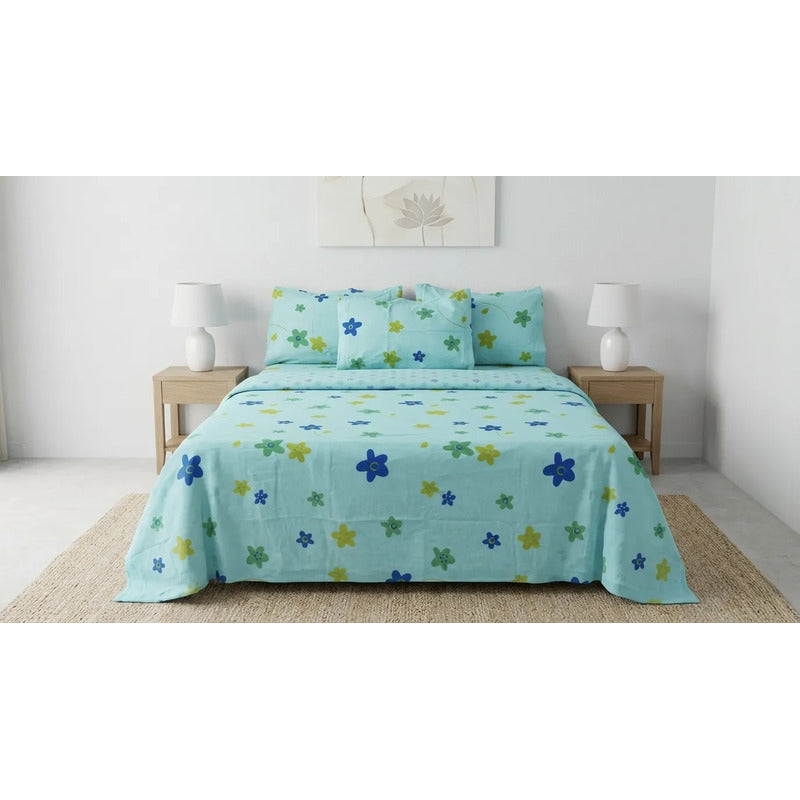 Juego De Sabanas Franela Mariol 100% Algodón King Size Turquesa Bloom Turquesa