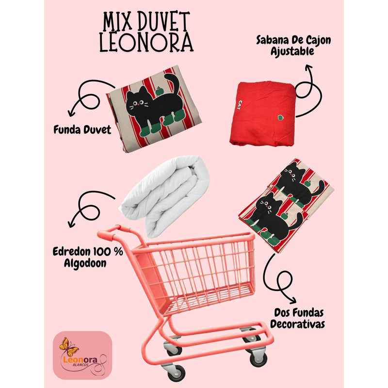 Edredón Premium Duvet Dos Vistas Matri Con Relleno Incluido Rojo Gato Patitas Rayas Algodón Alta Densidad