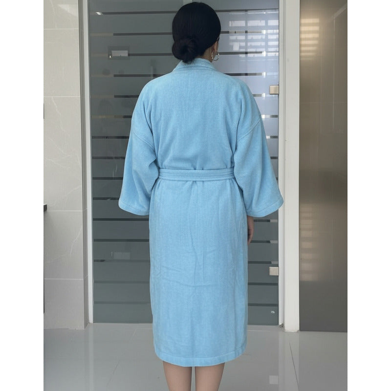 Bata De Baño Leonora Rasurada 100% Algodón Super Absorbente Celeste Azul Cielo M-l