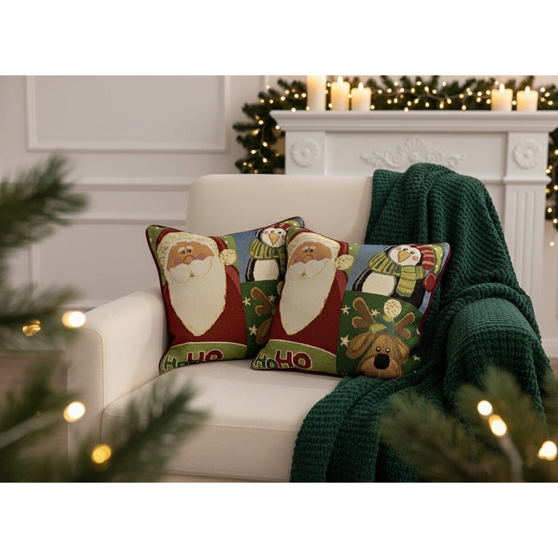 Kit Navideño: Camino De Mesa, Pie De Árbol, Fundas Y Tapete Verde Musgo Amigos De Santa